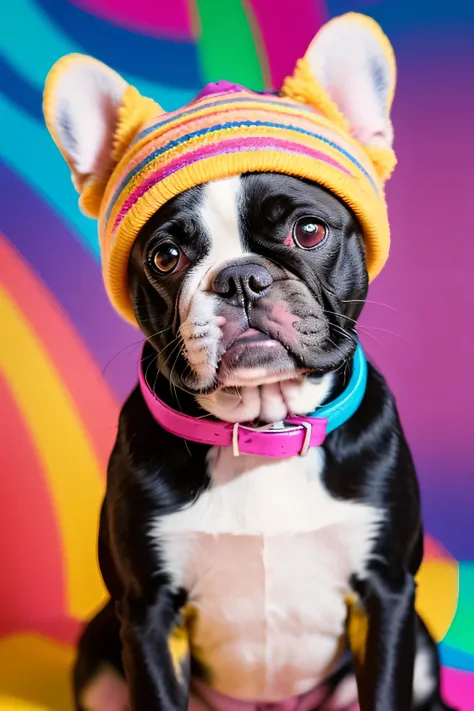 A brightly colored dog wearing a colorful hat sitting in front of a colorful background, Lisa Frank ,  Shutterstock,  neo-fauvism,  Portrait of Lisa Frank , Full color airbrush ,   as portrait shot,  French bulldog, Colorful, Proud look, closeup   as portr...