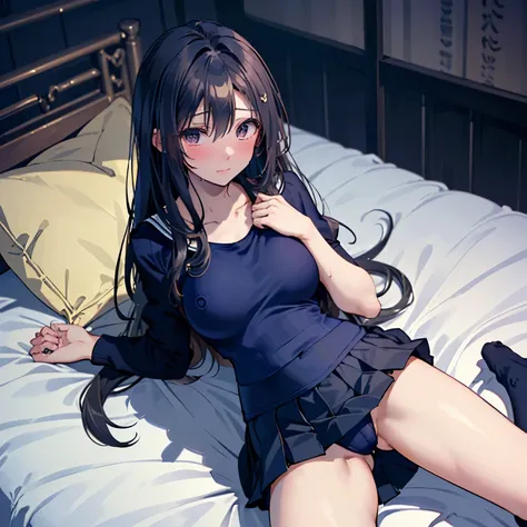 ((master piece)), ((best quality)),
perfect anatomy, perfect finger,
(1 girl), (silver color straight long hair),
(taken from the ceiling:1.4),
(girl lying on her back on the bed:1.4),
(she wears a navy blue sailor uniform and she wears a navy blue one-pie...