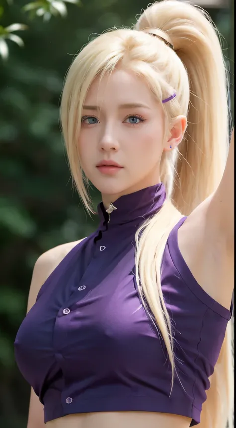 Ino yamanaka, naruto \(series\), naruto shippuuden, anime art style, masterpiece, purple shirt, shirt, ponytail long hair, blonde, forehead protector, neckband, konohagakure symbol on neckband, 1girl, solo, bangs, Looking at the Audience, closed mouth, elb...