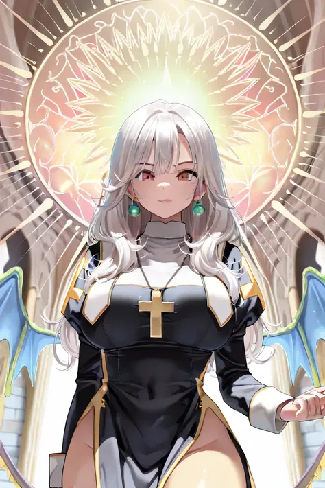 Big breasts, ((1 girl)), (dynamic synthesis from bottom: 1.3), white hair, ((masterpiece, highest quality, highest image quality, Dragon Quest, high resolution)), young beautiful girl, (((Priest))), very delicate hair , hair over shoulder, mischievous expr...