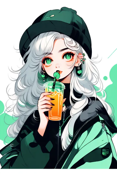 "A beautifully detailed anime-style illustration of a cute girl with long, flowing white hair and soft green eyes. She has a small, cheerful expression while sipping an orange juice through a black straw.  and small green leaves decorate her hairstyle. She...