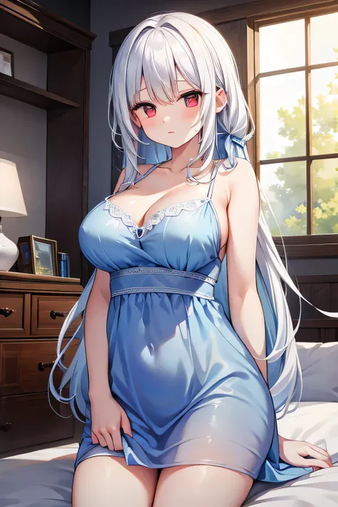 High definition masterpiece, beautiful woman with white hair, curly middle hair, red eyes, big breasts, shy expression, blue nightgown, living room