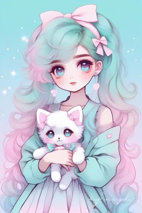 "A dreamy and highly detailed anime-style illustration of a cute girl with long, flowing pastel turquoise hair styled in twin tails. She has big, sparkling blue eyes with a soft, curious expression. Her hair is adorned with small pink bows, clips, and acce...