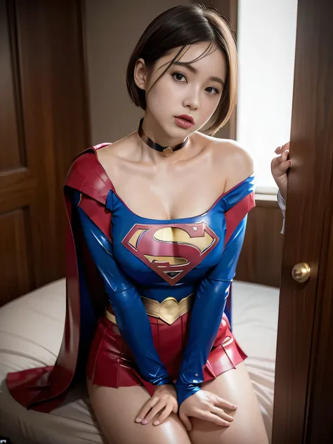  Masterpiece、 Latex Supergirl Costume 、  off shoulder、Ultra short hair、 big, rich breasts  、 Shiny Sweaty Skin  、  facing the front 、  choker、Provocative Chest 、  Long Sleeve、Cape、Attractive bare feet、 a picture that looks like a picture of a young slutty ...