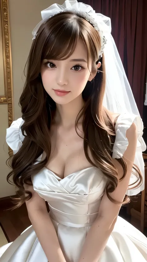 (((Top Quality))), (((Masterpiece))), (((Detail))), tall, looking at camera, face-to-face,pure-white and off-white shiny silk satin ruffle girly empire length wedding dress, hands thrust forward, Japanese, brown hair, long hair, gorgeous room,. Gorgeous ri...