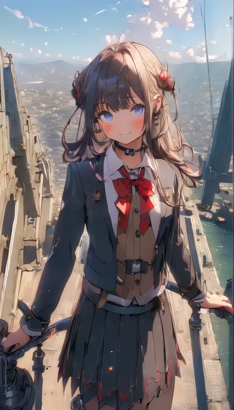 ((highest quality, 8k, masterpiece :1.3)), One girl, smile, (((Woman:1.2, Detailed body, high school Uniform))), (((fantasy))), city, Crowded buildings, exposed gear and pipes, gear, (Thick Pipe), Covered Bridge, Gloomy Weather, chimney, irregular building...