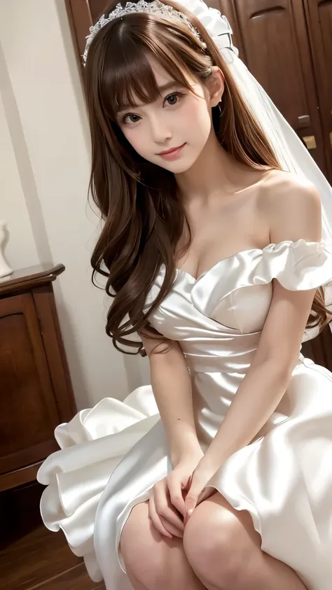 (((Top Quality))), (((Masterpiece))), (((Detail))), tall, looking at camera, face-to-face,pure-white and off-white shiny silk satin ruffle girly empire length wedding dress, hands thrust forward, Japanese, brown hair, long hair, gorgeous room,. Gorgeous ri...