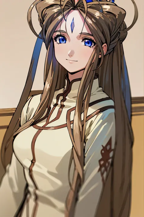  best image quality、 highest resolution、formula wallpaper、 simple background、 detailed expressions 、16k、
 one girl、Belldandy、(((Brown long hair、 blue eyes、Forehead Ornament 、)))、
 are standing、smile、