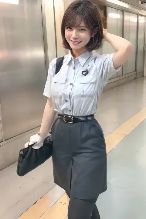 (  Masterpiece:1.2,  TOP QUALITY :1.2), 32kHDR,  high resolution、（ Daytime building roof  、  Professional Lighting）、Building rooftop background、（  Tokyo subway woman crew uniform ）、（ Tokyo subway woman crew uniform blouse short sleeve  、 above knee culotte...