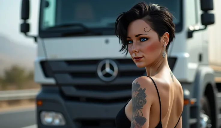  beautiful woman ,  vibrant blue eyes,  eye makeup,  red lipstick, modern short black hair , Sensual face demonstrated desire,  arm tattoos, silver jewelry, sexy full body black fitted dress,  sensual full body pose standing in profile in front of the hood...