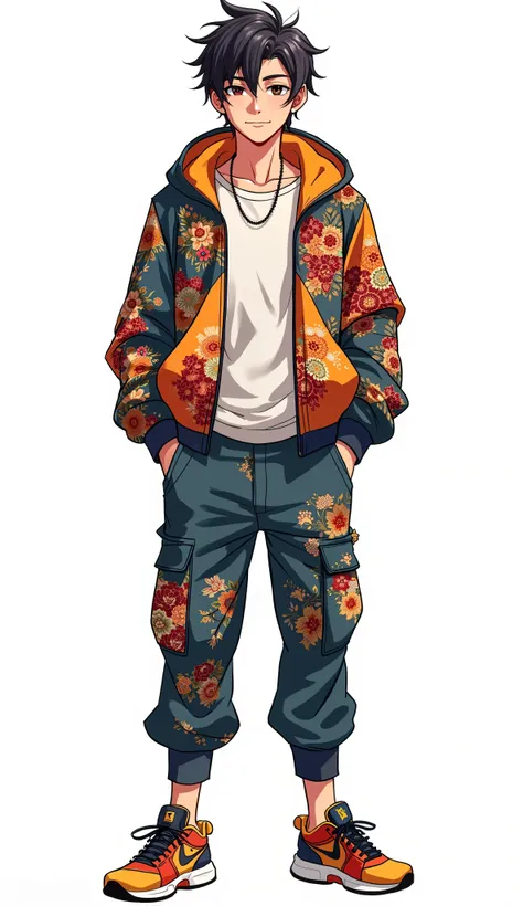 Please create a perfectly framed, full-figure, full-body illustration of a professional-grade male VTuber character, specifically designed for streaming use. The character is a stylish and handsome young man with a charismatic yet approachable appearance. ...