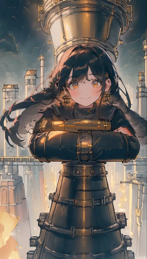 ((highest quality, 8k, masterpiece :1.3)), One girl, smile, (((Woman:1.2, Detailed body, high school Uniform))), (((fantasy))), city, Crowded buildings, exposed gear and pipes, gear, (Thick Pipe), Covered Bridge, Gloomy Weather, chimney, irregular building...