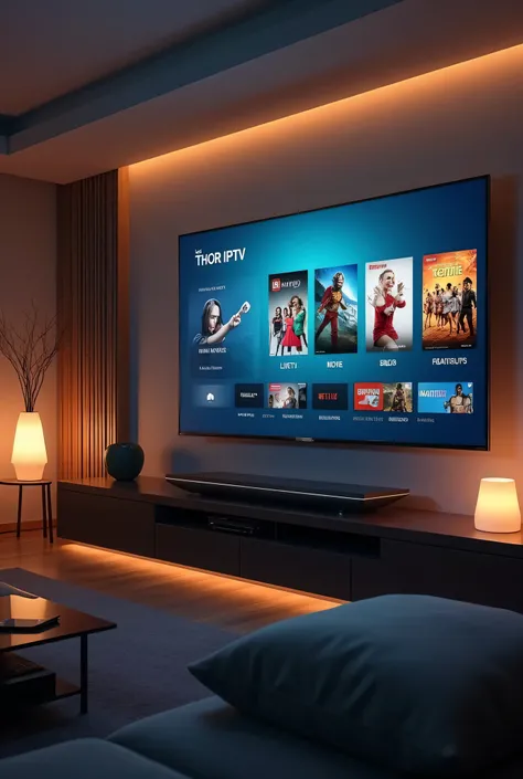  wall-mounted flat screen television in a modern living room ,  displaying the interface of a streaming application called “THOR IPTV” .  The screen features large and clear icons for “LIVE TV” , “MOVIES”  , "soccer", "Bbb",  “SERIES” , "Netflix",  with mi...