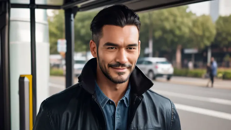 Man with black beard, short black hair, modern hairstyle. Slight smile. Black jacket. Muscular build. Hair on arms. Jeans. Standing at public transport stop.