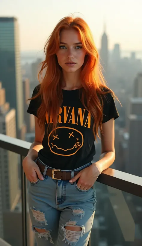  A highly realistic photograph of a stunning 24-year-old woman with long red hair, fair skin with natural freckles, and striking blue eyes, standing on the balcony of a high-rise building. She is wearing faded denim jeans, an orange Converse All-Star, and ...