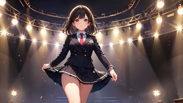 (((Top quality))), (((Masterpiece))), (((Details))), One girl, walking on the stage with spotlight on. Cute, (shy smile:0.5), tall and well styled. Dark brown eyes, medium sized breasts, short dark brown hair, school uniform.