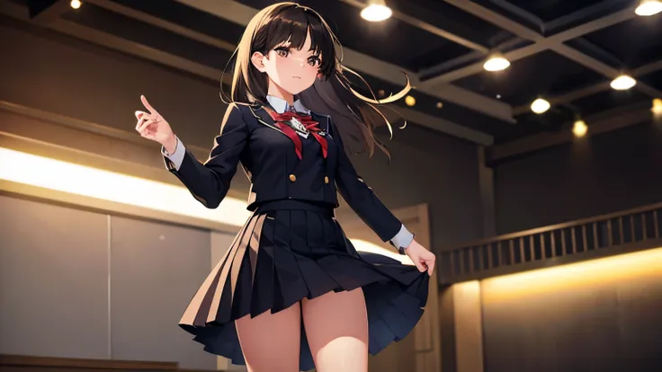 (((Top quality))), (((Masterpiece))), (((Details))), One girl, walking on the stage with spotlight on. Cute, (shy smile:0.5), tall and well styled. Dark brown eyes, medium sized breasts, short dark brown hair, school uniform. She has a graceful atmosphere.