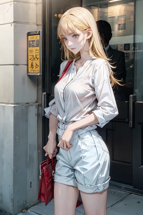 a woman in a white shirt, pastel blue colour mini short, simple style, wearing elegant casual clothes, muted red, simple clothes, milk and blue style, casual transparent clothing style, wet, modern fashion outfit, wearing a fisher , casual modern clothing,...