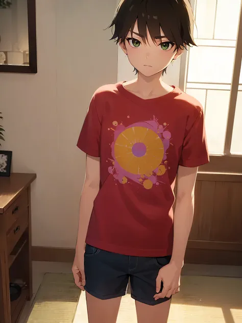 (looking away:1.5),Japanese manga style, shiny skin, masterpiece, best quality, (15-year-old male: 1.5), (short brown hair) and (green eyes),BREAK(Psychedelic print T-shirt)BREAK, (true face),inside the living room,Large mirror,(alone: 1.5),