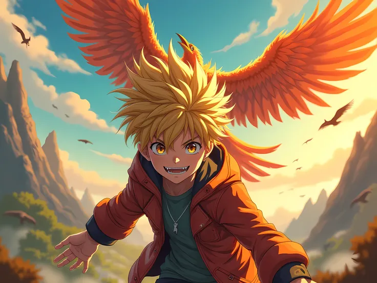 anime, anime風, Blonde Boy, Spiky Hair,  Hide Ears ,  I have sharp fangs, A phoenix that shines yellow and orange like a hawk is flying,  series of character actions, 