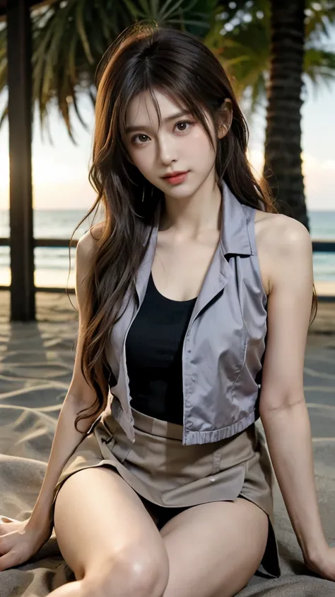  Super detailed 8K Japanese photo model photo ，Wavy hair on the shoulders and eye-catching light brown eyes.  She poses in a seductive pose on a tropical beach , Wearing chic , Vest,  mini skirt,  The sunset radiates a warm glow on her ,  as she playfully ...