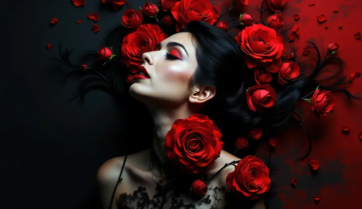 A woman with black hair and lips, wearing a black top, gazes upward with her eyes closed, adorned with an abundance of large, dark roses that cascade over her face and shoulders, set against a dark red and black background, double exposure Monet brushstro...