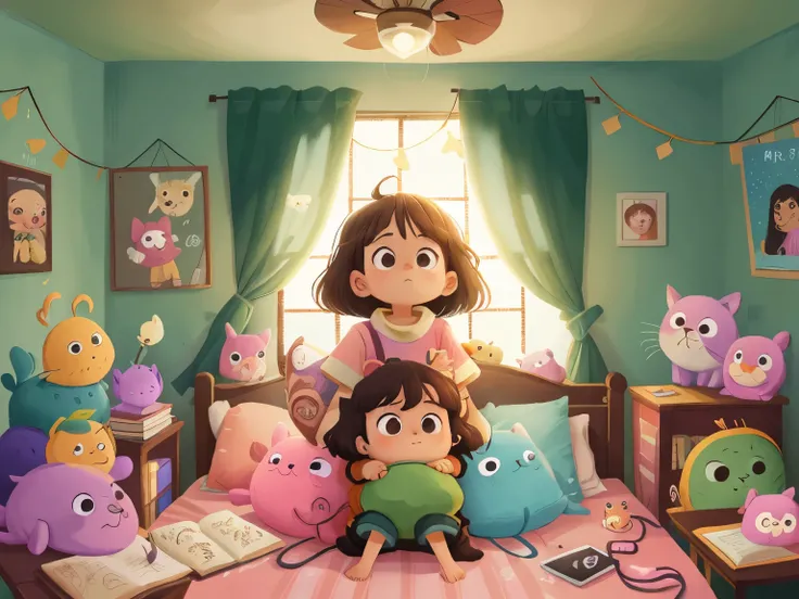  Luna realized she was back in her bed, with Mr..  Taro was still crammed under her arms , And then her room was shrouded in soft light , And then her room was shrouded in soft light , green,  pink,  Pastel Yellow , Light Theme,  high resolution, 4K