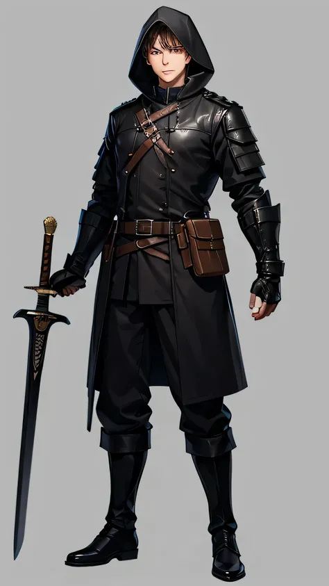  Young man, of average physical build ,  short gray hair,  red eyes ,  tactical style black jacket with black hood,  medieval style brown leather gauntlets, brown military pants, black tactical boots , brown leather belt,  with tight dark green shirt guard...