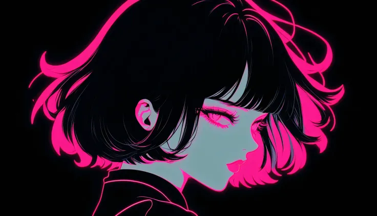 ( borrowed letter , outline:1.2),realistic,illustrator,anime,1 girl, Detailed lips,  black dress,custom, (monochrome dark background),neon hair,textured cut, obra de until, classic retro style, dark black, until, outline book, (black bob hair:1.75 neon :1....