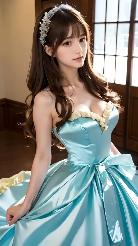 (((Top Quality))), (((Masterpiece))), (((Detail))), tall, looking at camera, face-to-face,aqua-blue shiny silk satin ruffle girly empire length wedding dress, hands thrust forward, Japanese, brown hair, long hair, gorgeous room,. Gorgeous ribbon hair acces...