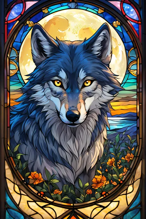  stained glass 　Wolf　 full moon