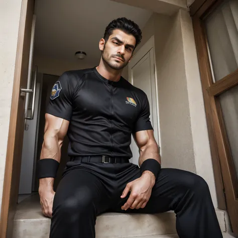 40 years old,1 person muscular 、 Face Up 、 black suit 、outside、logic, gay、Short Hair。、Ekin Mert Daymaz。、 upper body up　 black gloves　Combatant　Front 　 stubble　　Menacing look　father　 black suit 、 Seen From Below。 sniper 　 upper body up　 facial door up　Sit w...