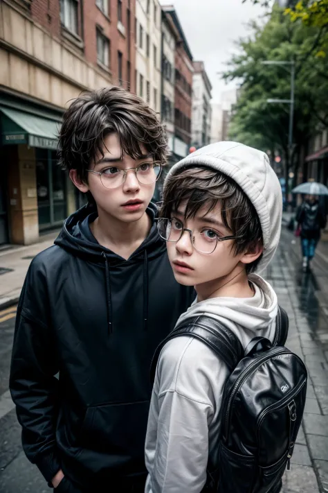  Create an image on a street and a drizzling day a little ,  2 boys one talking to each other on the street,  a boy and white with short brown hair , The other wears glasses ,  is white and with short dark blond hair , A is slightly shorter than the two , ...