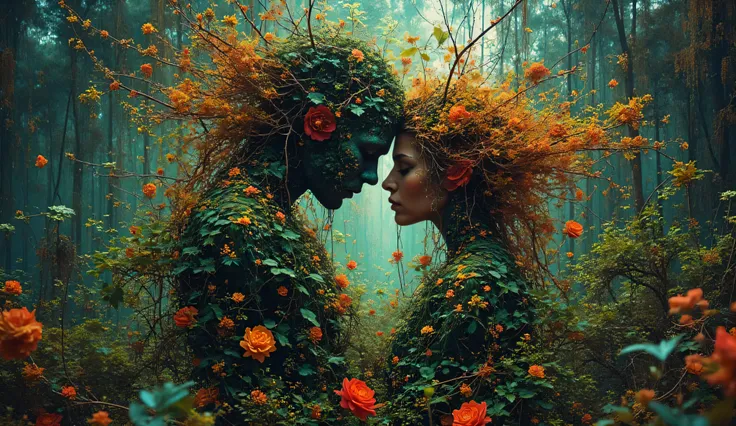 Hypermaximalist, a masterpiece, abstract, punk collage, urbanpunk, random textures, graffiti strokes, surreal artwork, impermanence moody, digital illustration, ink splash art ethereal portrait of a man and woman hugged, (mathematical vegetation patterns:1...