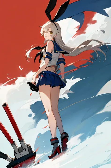   Max Image Quality、  highest resolution、formula wallpaper、  simple background、  full body portrait 、 natural pose、
  one girl、 Kantai Collection's Shimakaze 、()、
 are standing、smile、 has hair fluttering in the wind、