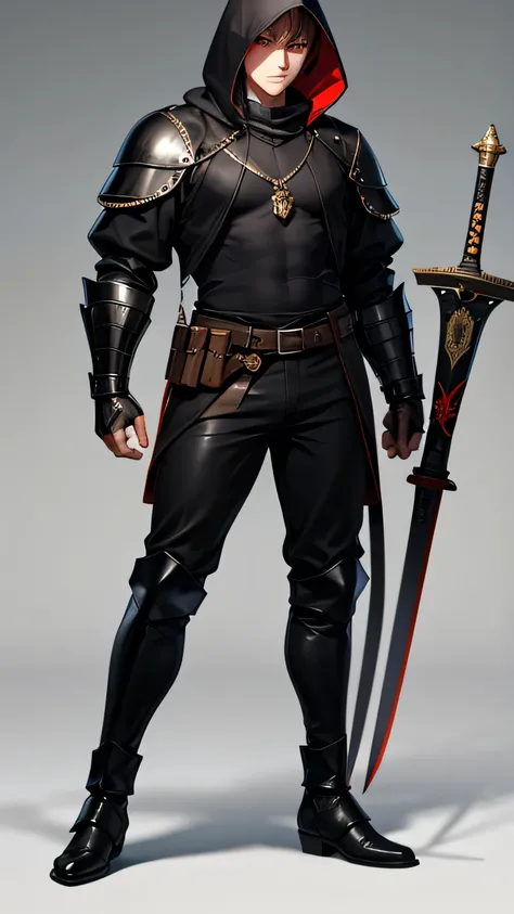  Young man, of average physical build ,  short gray hair, With red eyes, with black tactical style jacket and black hood,  dark green tight shirt guard,  medieval style brown gauntlets, medieval brown leather belt ,  black leather pants, With a medieval st...