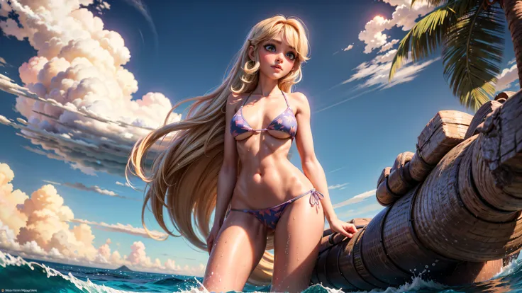 ((1girl, solo)), standing in the water at the beach, young girl, cute girl, skinny, petite, ((blonde hair)), pastel colors, wet, wet bikini, ((tight bikini top)), midriff, ((hard nipples)), ((top barely containing her breasts)), ((underboob)), ((perky brea...