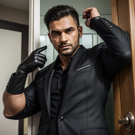 40 years old,1 person muscular 、 Face Up 、 black suit 、outside、logic, Gay、Short Hair。、Ekin Mert Daymaz。、 upper body up　 black gloves　Combatant　front　 stubble　　Menacing look　father　 black suit 、 Seen From Below。 sniper 　 upper body up　 facial door up　足を開いて座...