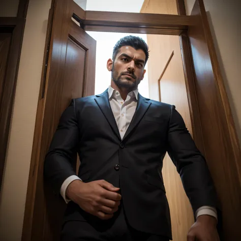 40 years old,1 person muscular 、 Face Up 、 black suit 、outside、logic, Gay、Short Hair。、Ekin Mert Daymaz。、 upper body up　 black gloves　Combatant　front　 stubble　　Menacing look　father　 black suit 、 Seen From Below。 sniper 　 upper body up　 facial door up　足を開いて座...