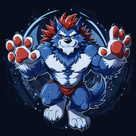 Werewolf, (Short red hair:1.3), (midnight blue toned fur:1.3), Humanity, barefoot, bare chest, strong thigh, simple background, print style, Artist:Takemoto Arashi, paw pads details, Avatar picture