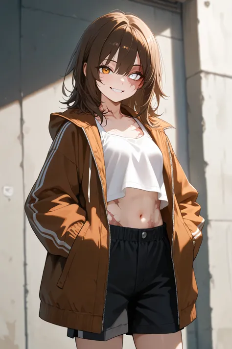 1 girl, brown medium hair, small eyes, tall, jacket, hands in jacket's pocket, looking at viewer, smile, scar on left face, burn scar on left face, burn scar on left body, scar on left body, white tanktop, black shorts, odd eye, brown right eye, white left...