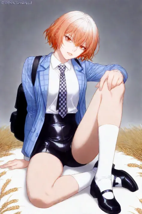Beautiful boy around . A little shadowy and lurking violence. He is beautiful but exudes a sense of inadequacy. He has a ruthless look. Short, wheat-colored hair. Blazer uniform. He wears a tie. Short pants with checkered pattern. White socks and leather s...