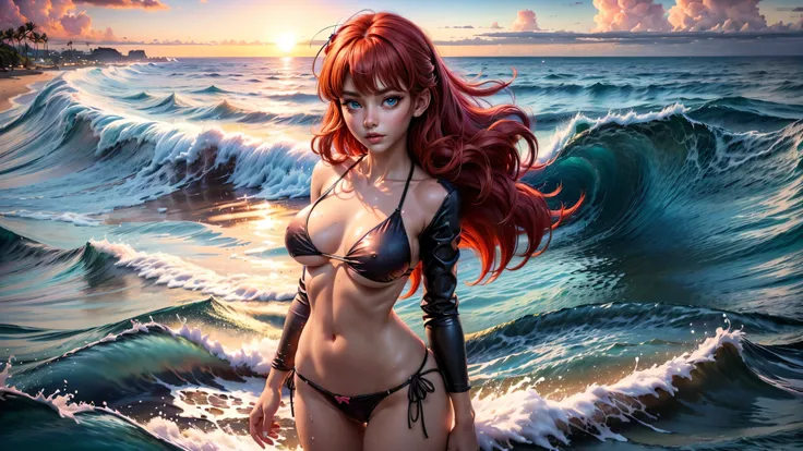 ((1girl, solo)), standing in the water at the beach, young girl, cute girl, skinny, petite, ((red hair)), pastel colors, wet, wet bikini, ((tight bikini top)), midriff, ((hard nipples)), ((top barely covering her breasts)), ((underboob)), ((perky breasts))...