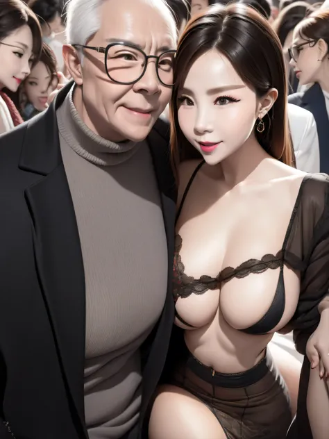 A beautiful woman wearing revealing men's clothing is making out with her elderly male friends in the crowded crowd, UHD, masterpiece, textured skin, super detail, best quality, 8k.