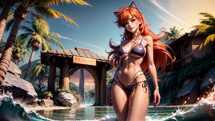 ((1girl, solo)), standing in the water at the beach, young girl, cute girl, ((skinny, petite)), ((orange-red hair)), pastel colors, wet, wet bikini, ((tight bikini top)), midriff, ((hard nipples)), ((top barely covering her breasts)), ((underboob)), ((perk...