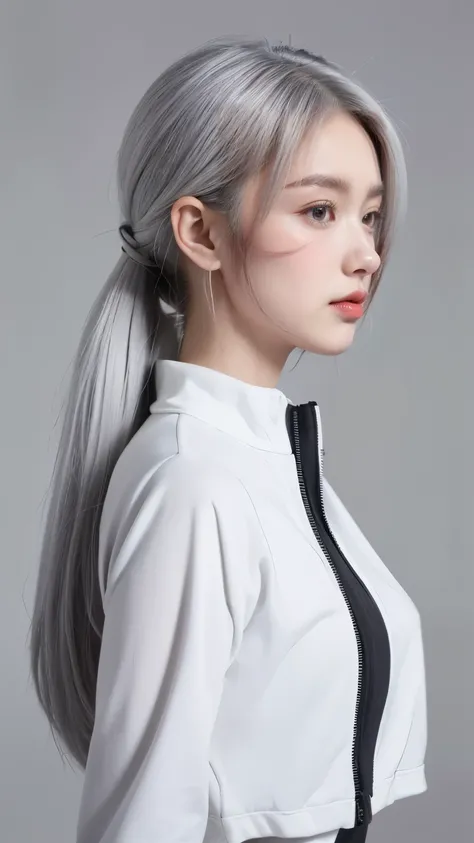  Ulzan-6500-V1.1, (  Reality:1.4),    beautiful detailed girl， wearing a running suit   、   best quality   ,      original photo    ,    Ultra HD ,  side shot ,  Bright silver hair ,  Grey Hair  ,  I&#39;m laughing ,  corners of mouth raised , ************...