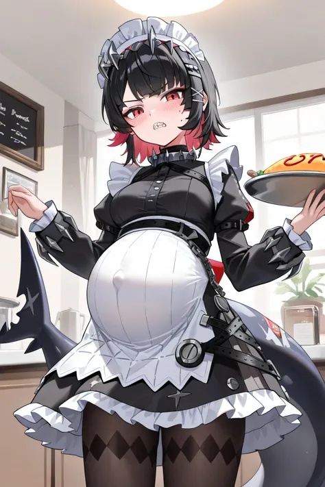 (Best quality, 4k, 8k, high resolution, masterpiece:1.2), ultra detailed, intricate details,SOLO,beautiful girl, alone, middle hair, black hair, bangs, red eyes, small-medium breasts, perfect smooth skin, looking at viewer, serious, head tilted, (Pregnant:...