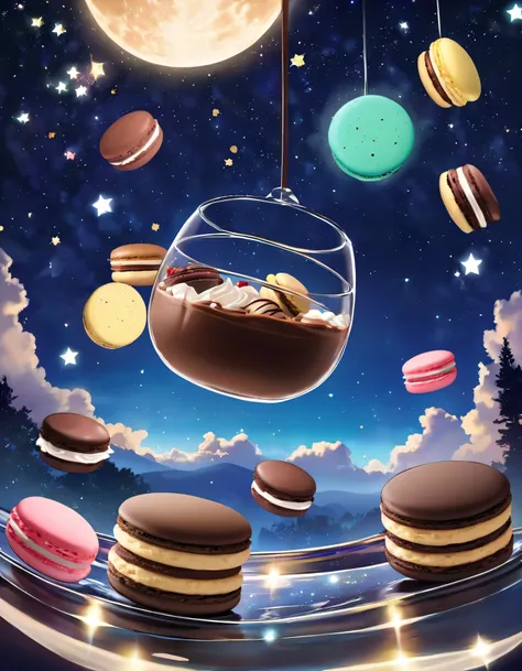 Stars in the night sky、cookie、chocolate macarons、ice、Scenery of chocolate pudding floating