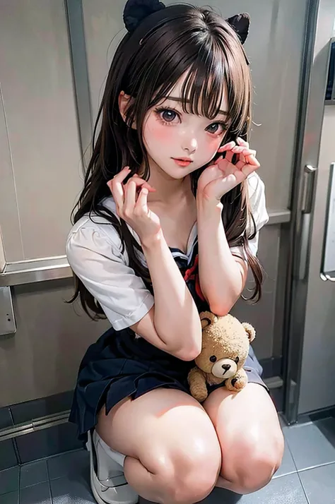 anime girl with big ass in a bathroom with a teddy bear, beautiful anime girl squatting, seductive anime girl, the anime girl is crouching, hyperrealistic schoolgirl, ecchi anime style, ecchi, realistic schoolgirl, a hyperrealistic schoolgirl, beautiful al...