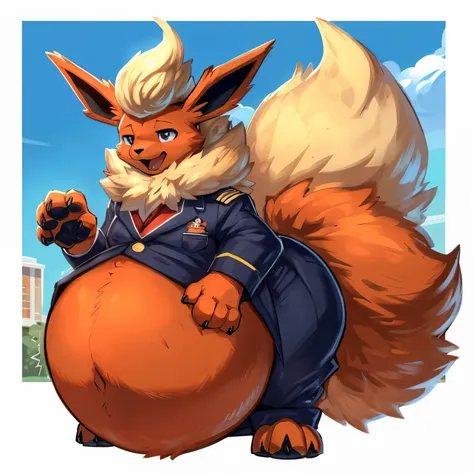 4k ultra quality, 4k half body view,ultra high detailed body,feral (flareon),enormous body,(small head), (hyper belly), (round belly),bloated belly,side view,by Zackary911,drawn in the style of Akira Toriyama, animated in the style of Toei animation studio...